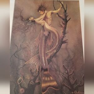 David Delamare Mermaid And Merman Print, Rare 11x14 Cream Mat, Image 7x9.5